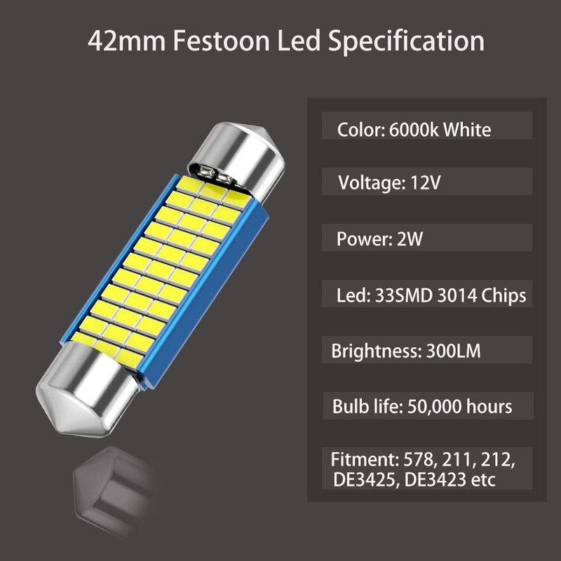 CATO-WDJ 578 Festoon LED Bulb, 42mm 41mm 1.65 Inch Festoon DE3425 DE3423 211-2, 12V 33SMD White Light 42mm bulbs for Car Interior Dome Map Courtesy Trunk Light 212-2 LED Bulbs, 6pcs - Image 3